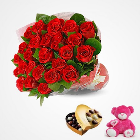 Valentine Combo Gift (30 Red Rose+Godiva Chocolate+Teddy Bear)